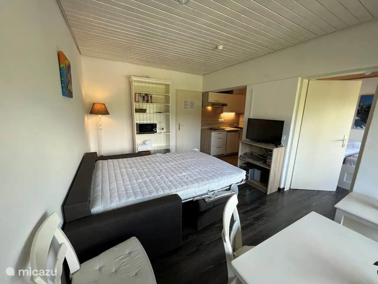 Sala de estar con cómodo sofá para 2 personas (para dormir). Ver a través de la cocina