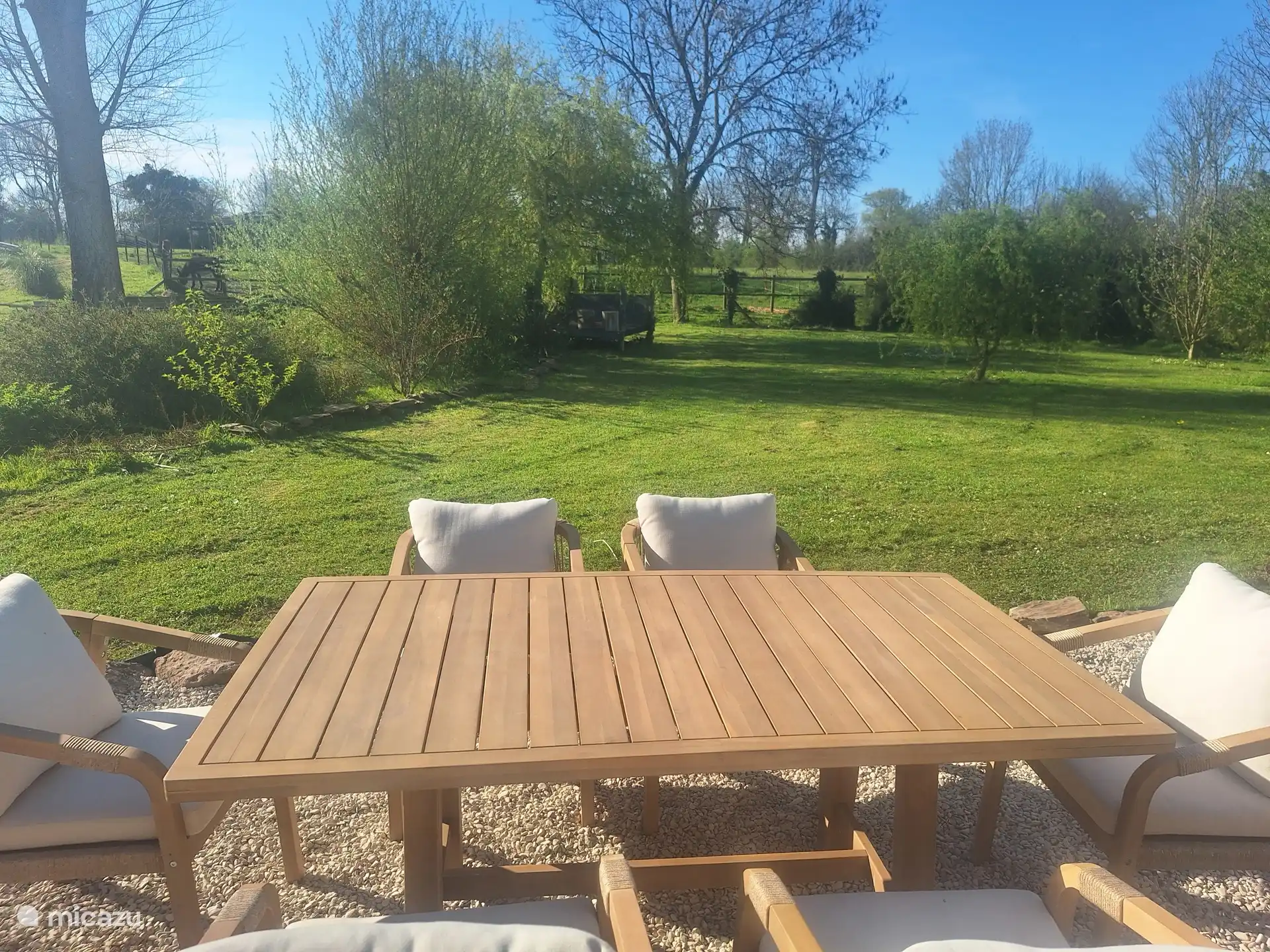 Uitzicht op het weiland vanaf het terras met een heerlijk zonnetje. 