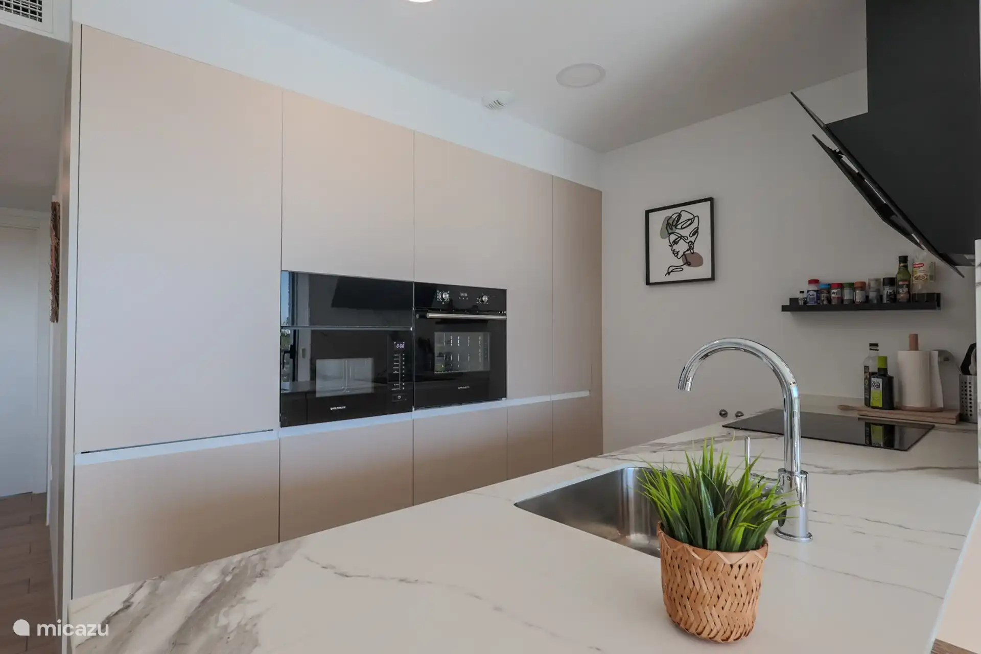 Die Luxusküche ist ausgestattet mit Kühlschrank, Gefrierschrank, Mikrowelle, Backofen, Induktionskochfeld, Geschirrspüler und natürlich den Kleingeräten wie Wasserkocher, Sandwichmaker etc.