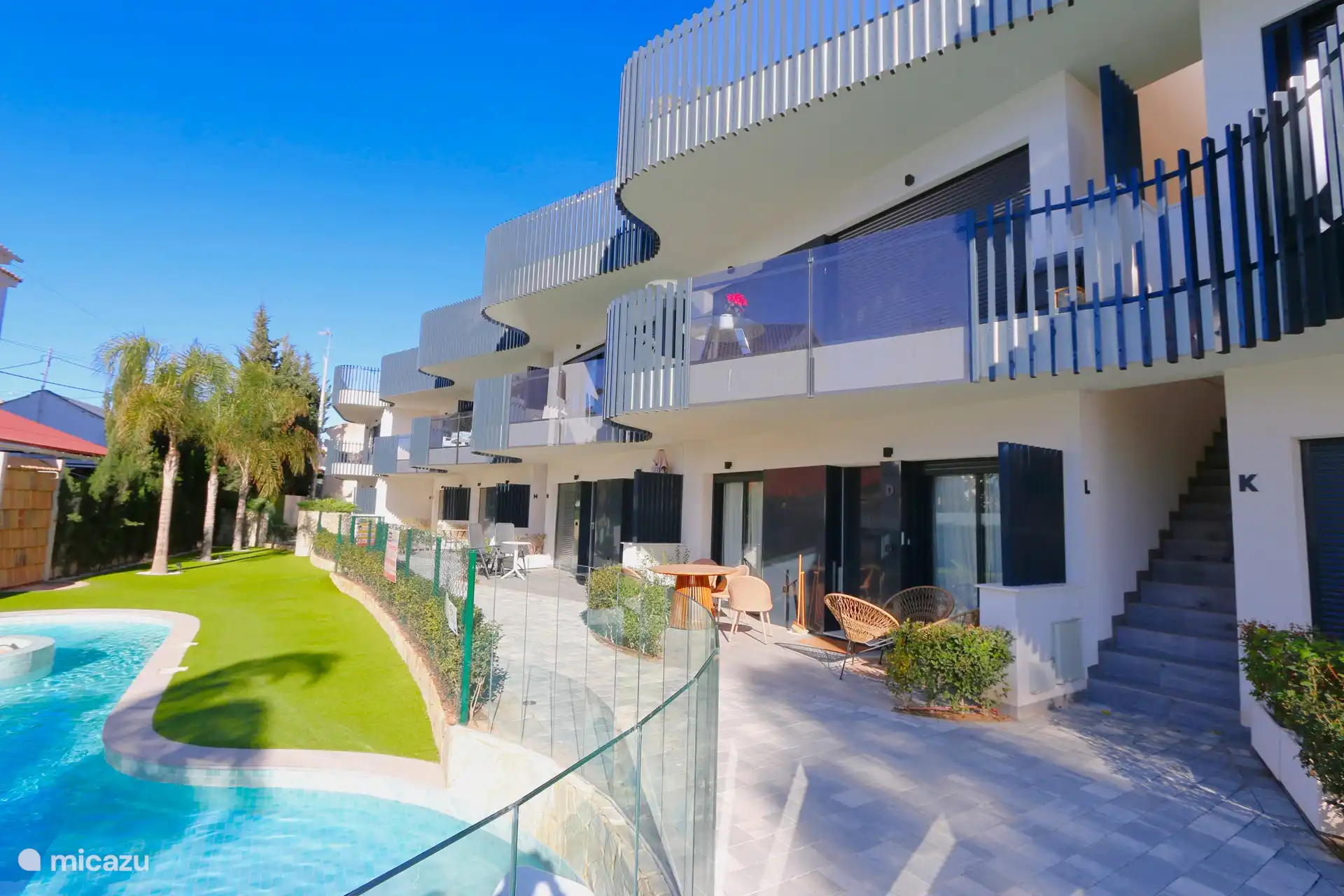 The view of the apartment complex from the swimming pool.