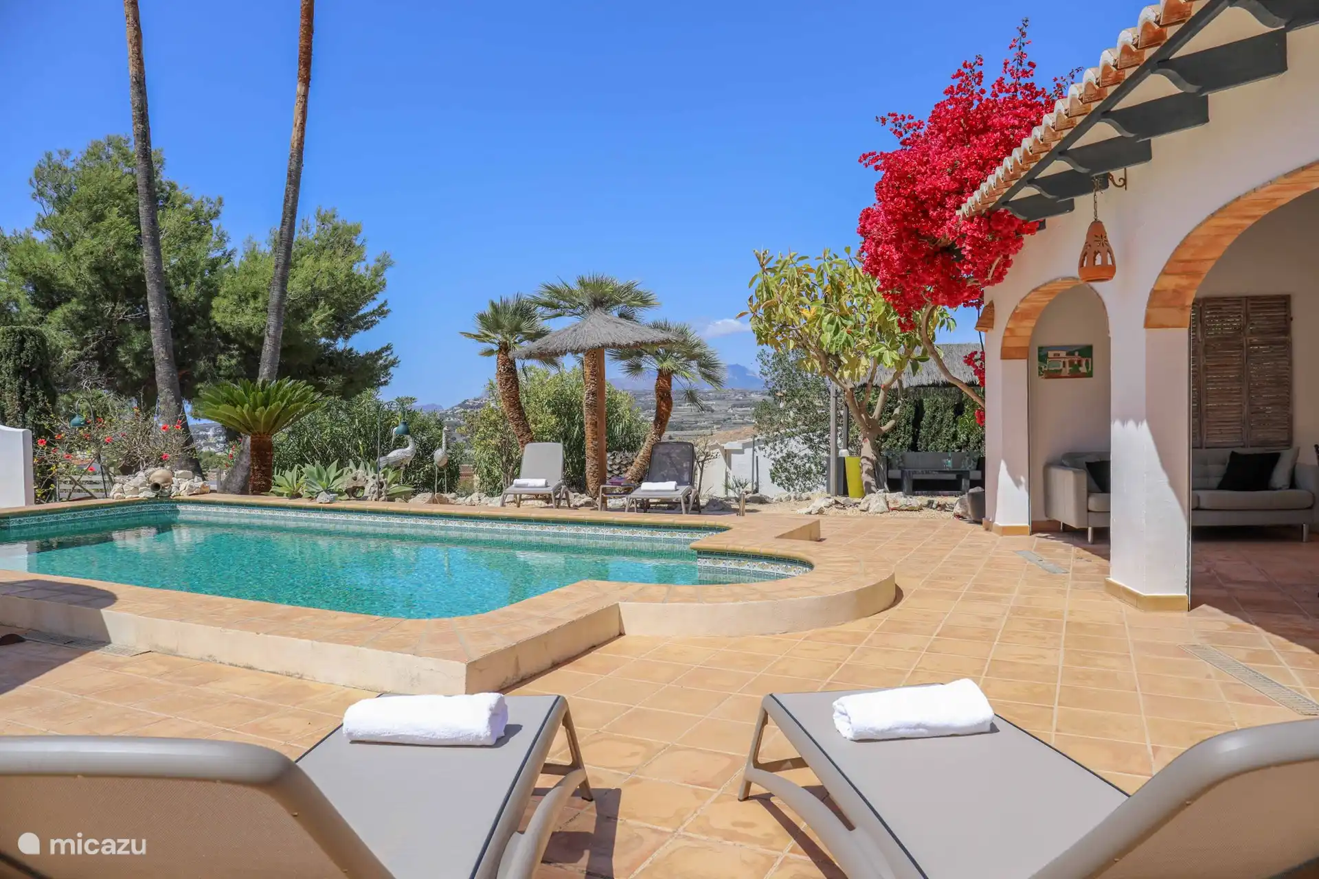 Sunbeds by the saltwater pool with tropical views
