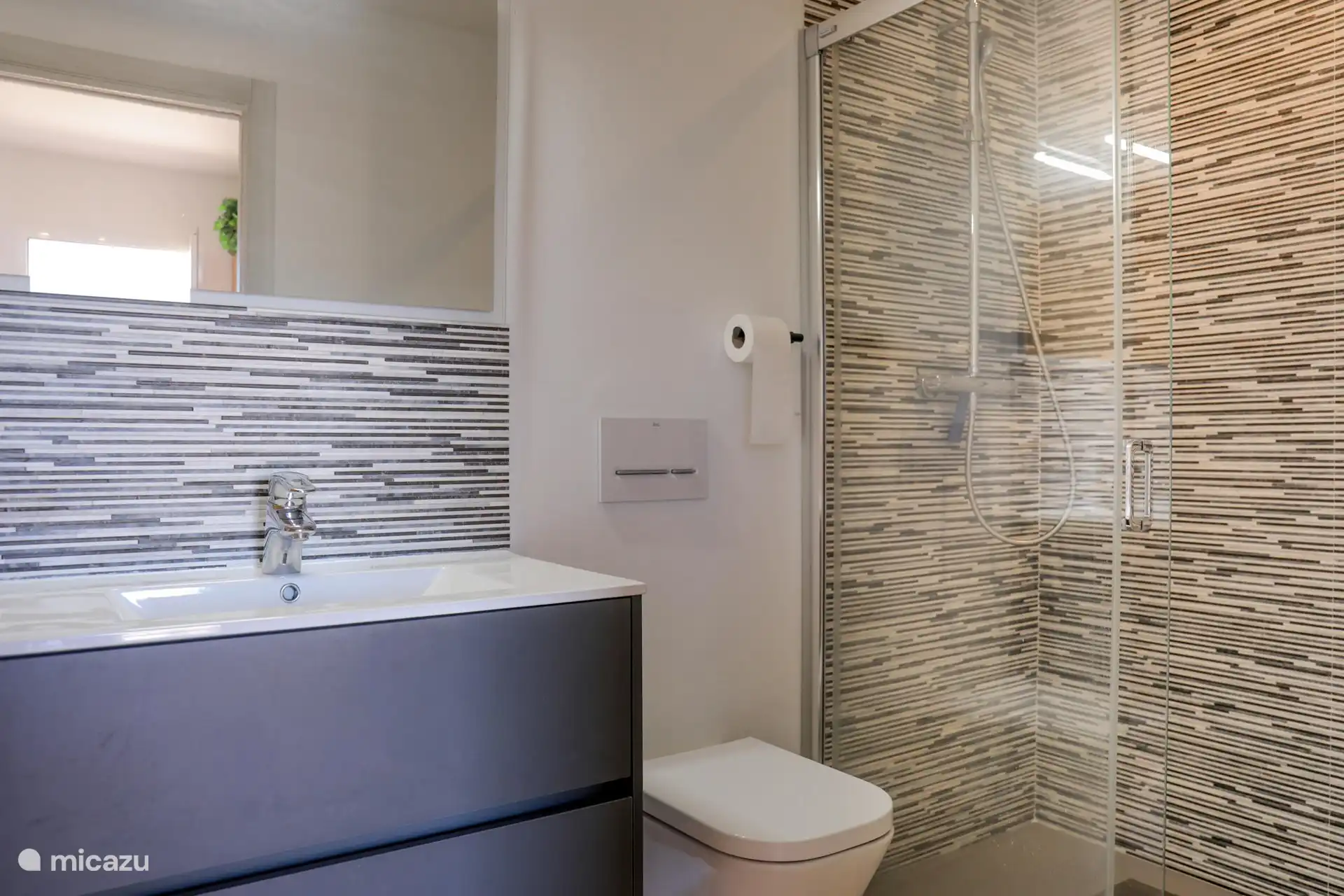 Badezimmer mit Dusche, Waschbecken und WC