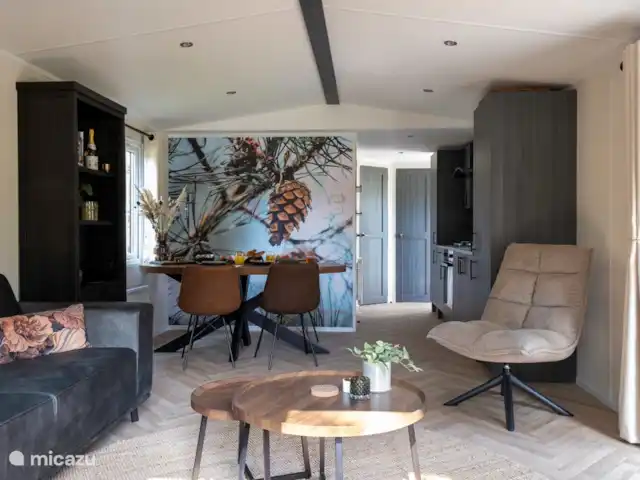 Nuestra casa de campo en el Veluwe: Pinecone en Países Bajos, Güeldres, Beekbergen - chalet Acogedora sala de estar.