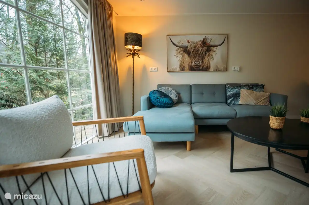 Zona de estar con vistas al jardín y mucha luz natural. También hay un televisor con Chromecast