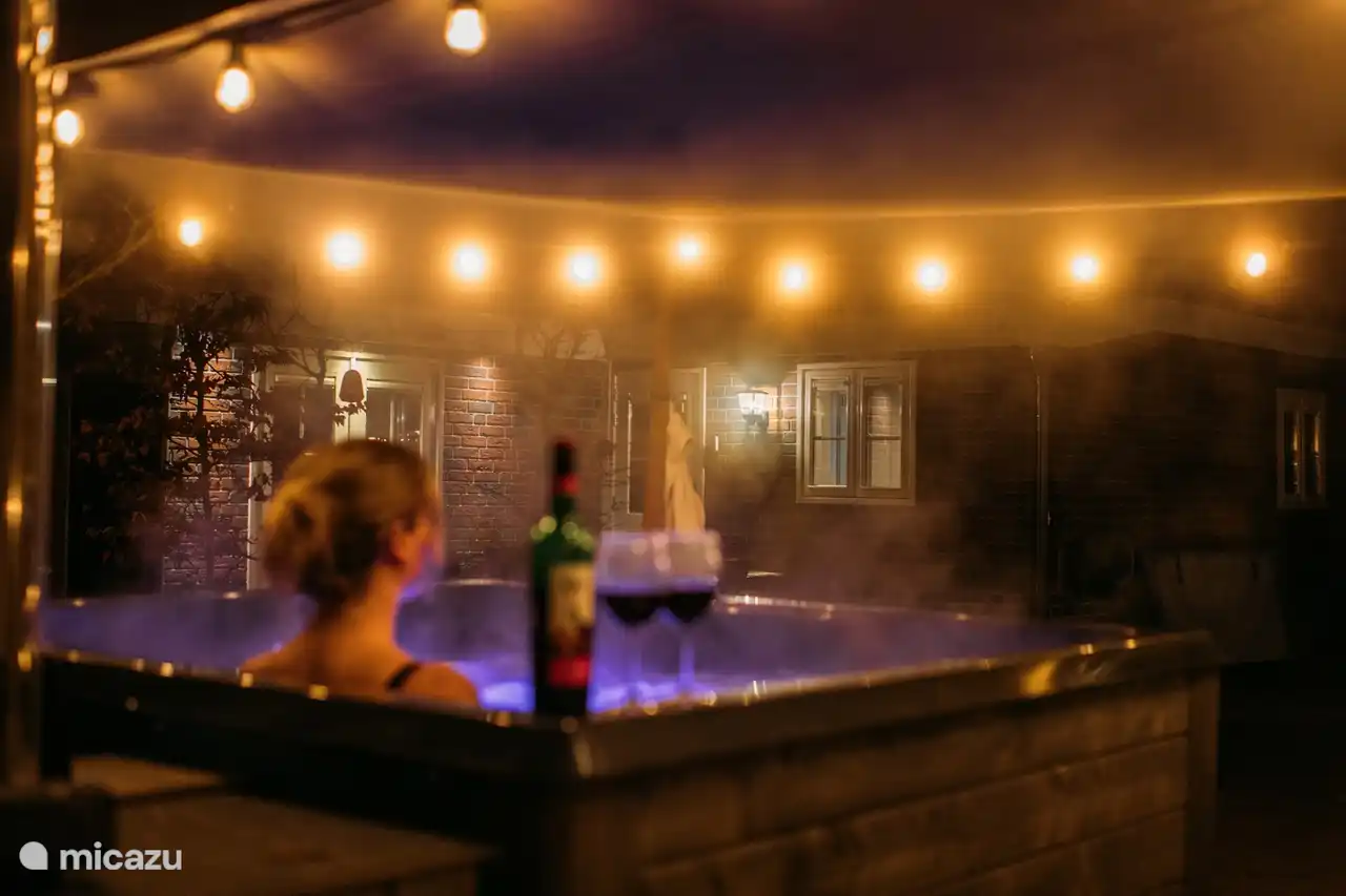 Relajación por la tarde en el jacuzzi con iluminación ambiental en el jardín.