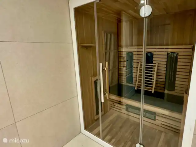 Maison de vacances Maridu Family Wellness | Pays-Bas, Gueldre, Hattemerbroek - chalet La salle de bain est équipée d’un luxueux sauna intérieur, équipé d’un rayonnement infrarouge, d’une thérapie par la couleur et d’un lecteur USB. Un endroit parfait pour se détendre complètement et profiter d’un moment de bien-être dans le confort de votre propre maison de vacances.