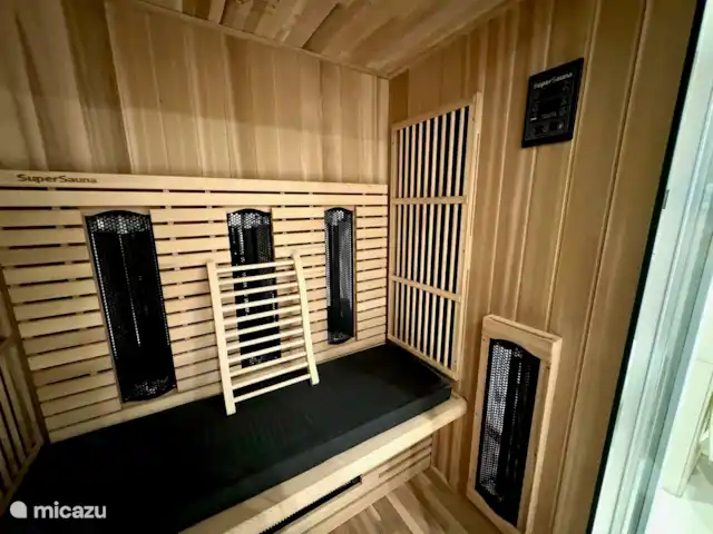 Maison de vacances Maridu Family Wellness | Pays-Bas, Gueldre, Hattemerbroek - chalet Le sauna peut accueillir 2-3 personnes et est idéal pour se détendre ensemble. Avec le rayonnement infrarouge, la thérapie par la couleur et un lecteur USB, vous pouvez créer une expérience de bien-être personnelle. La finition en bois chaleureuse en fait l’endroit idéal pour se détendre.