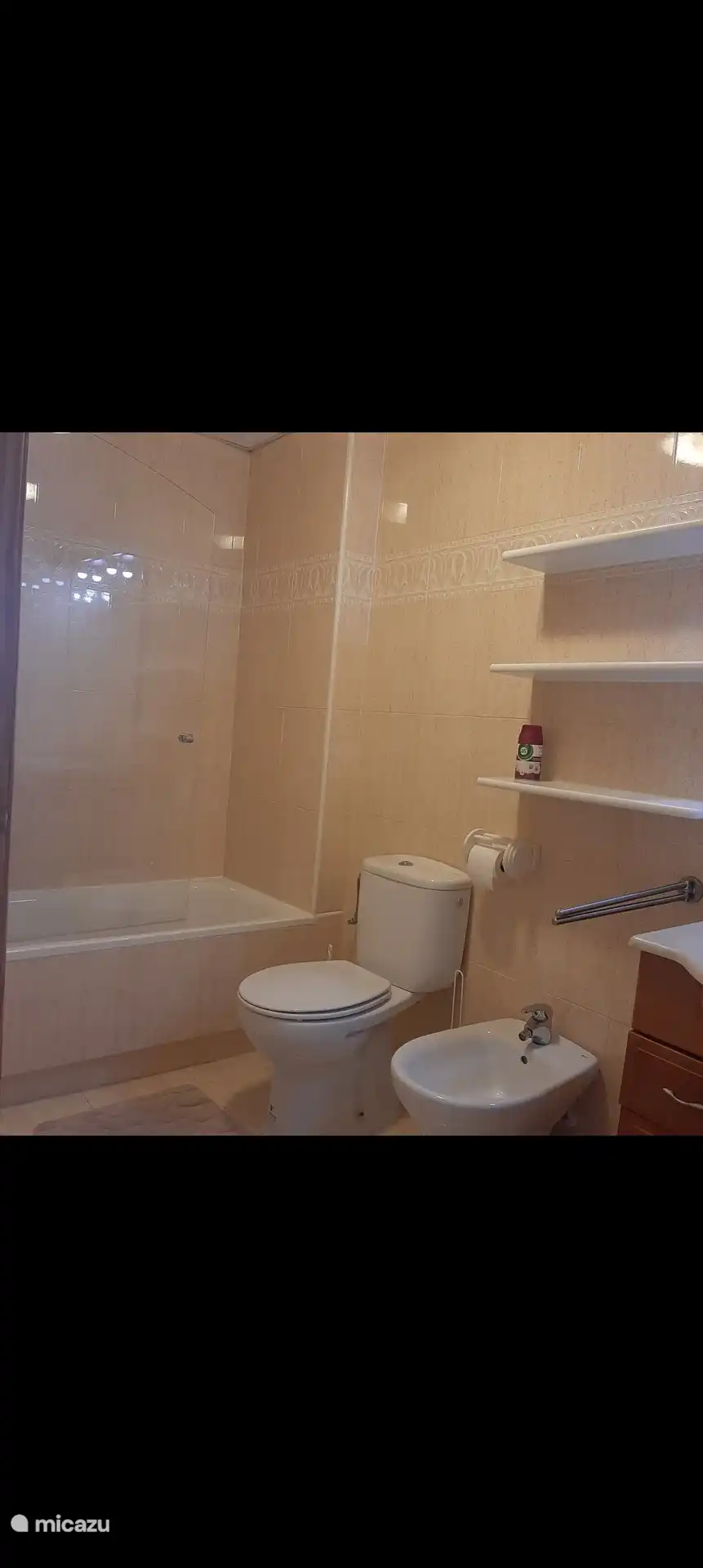 bathroom with bath/shower, bidet, sink.