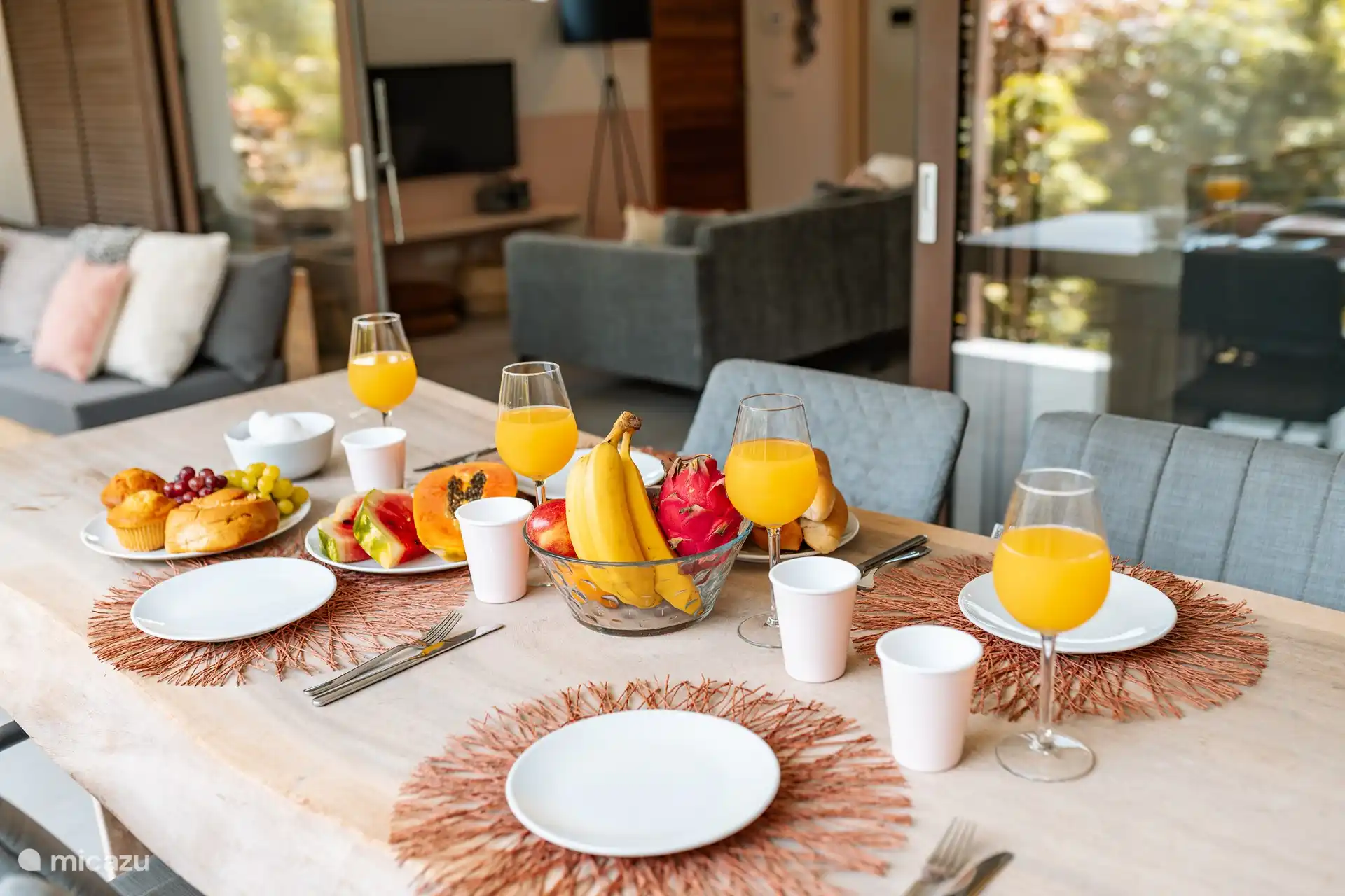 The large dining table outside on the terrace. 
