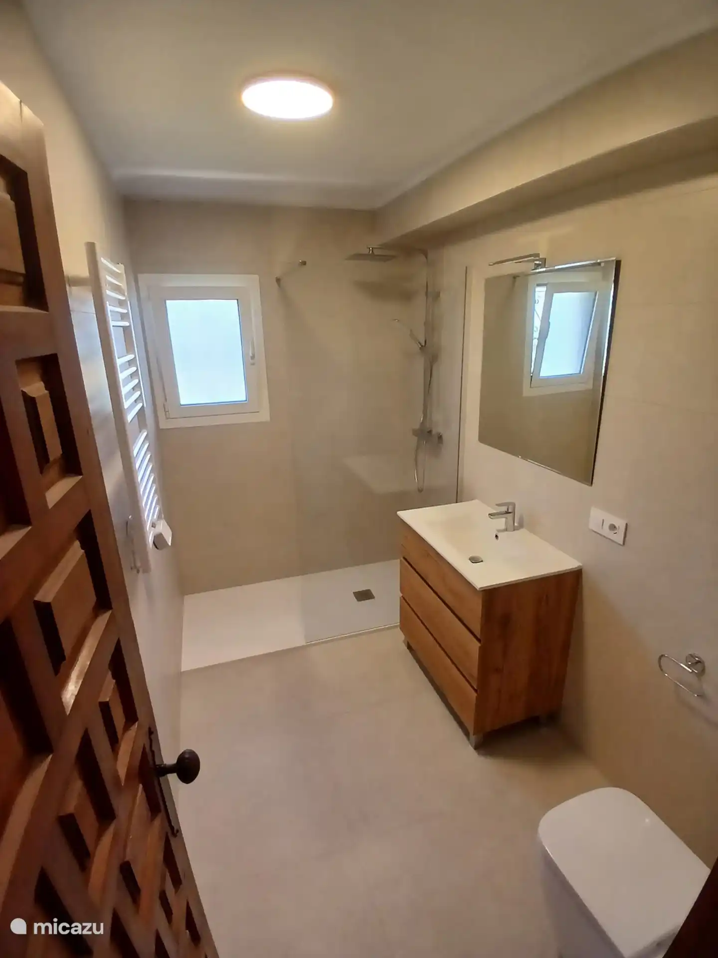 Gerenoveerde badkamer met regendouche, handdoek radiator en toilet.