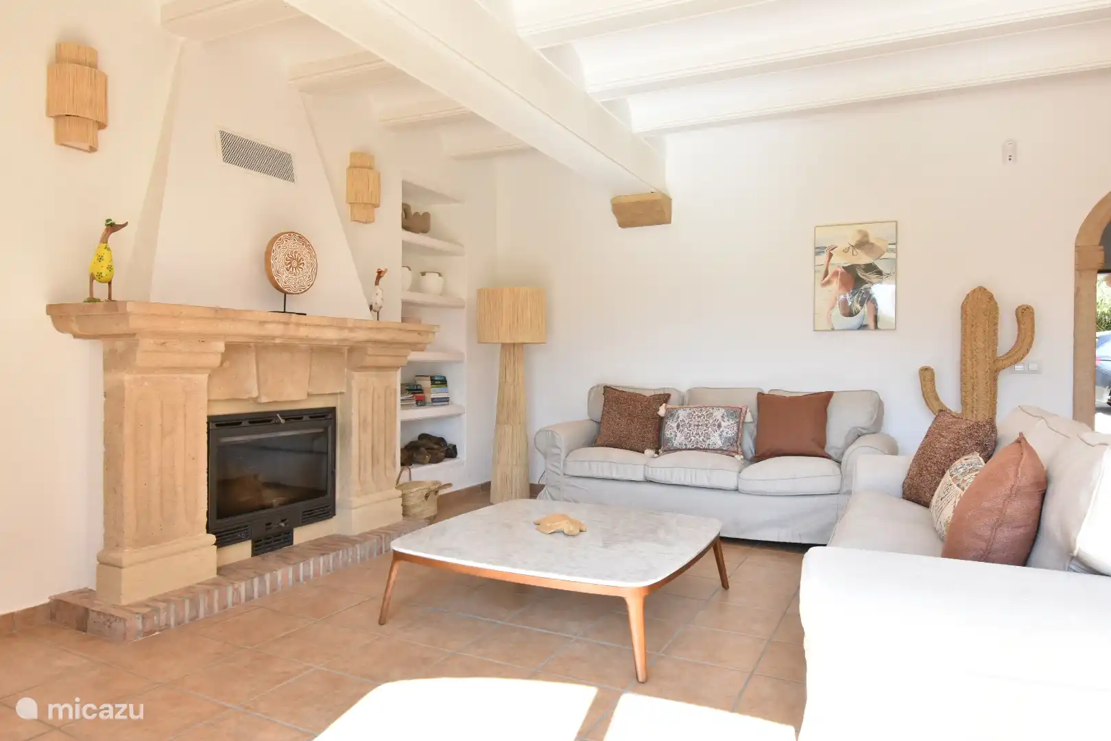 Zona de estar acogedora con chimenea y canales de televisión neerlandesa