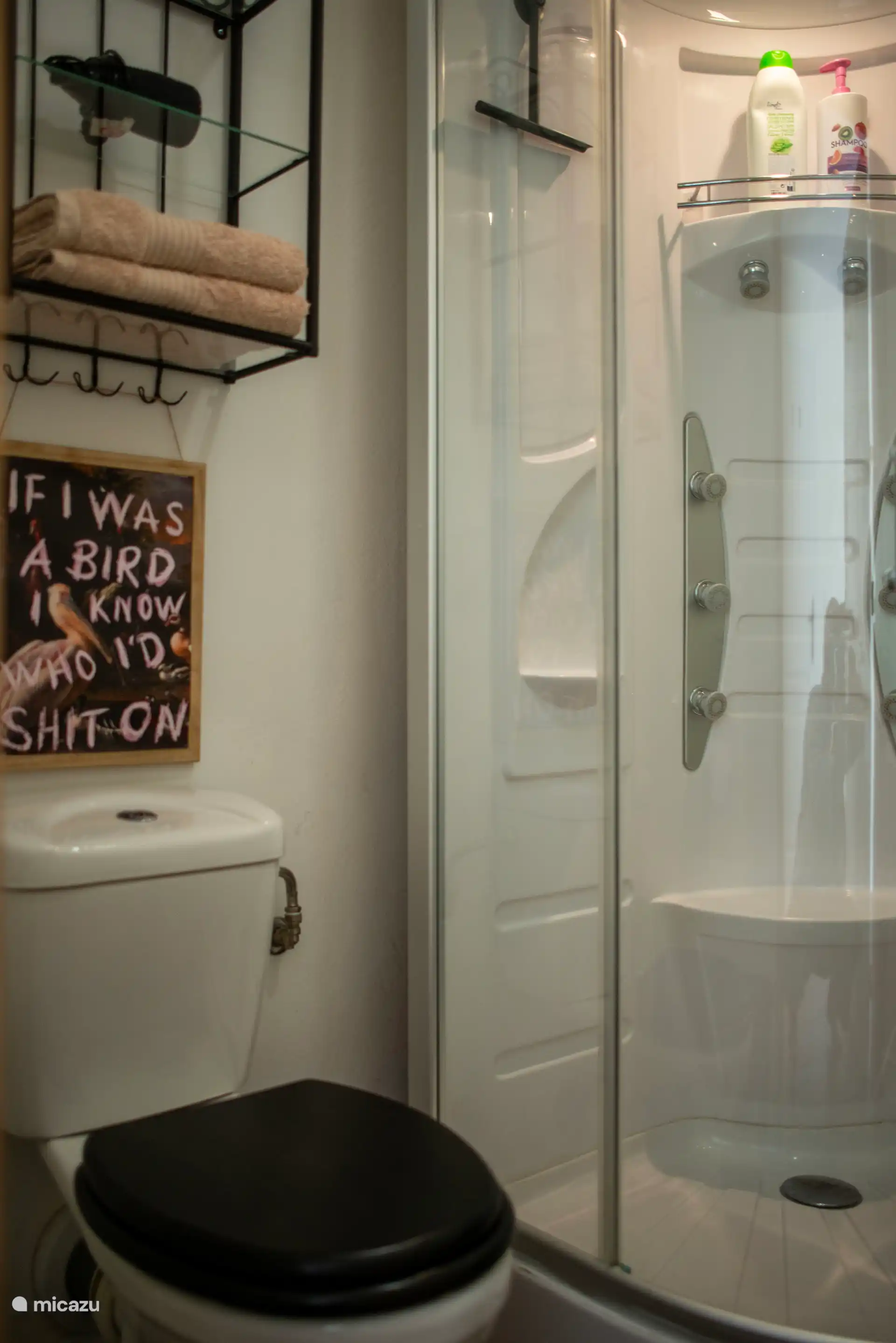 Baño completo con cubículo de ducha, lavabo y inodoro