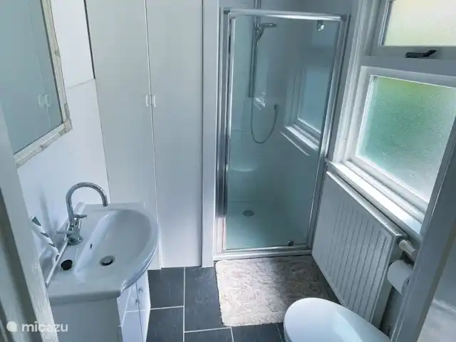 Cottage Felicity - Family Home huren in Nederland, Gelderland, Beekbergen - chalet Badkamer met douche, toilet en wastafelmeubel. Standaard zijn: shampoo/douchegel, toiletpapier en handzeep. Alle schoonmaakmiddelen zijn ook aanwezig.