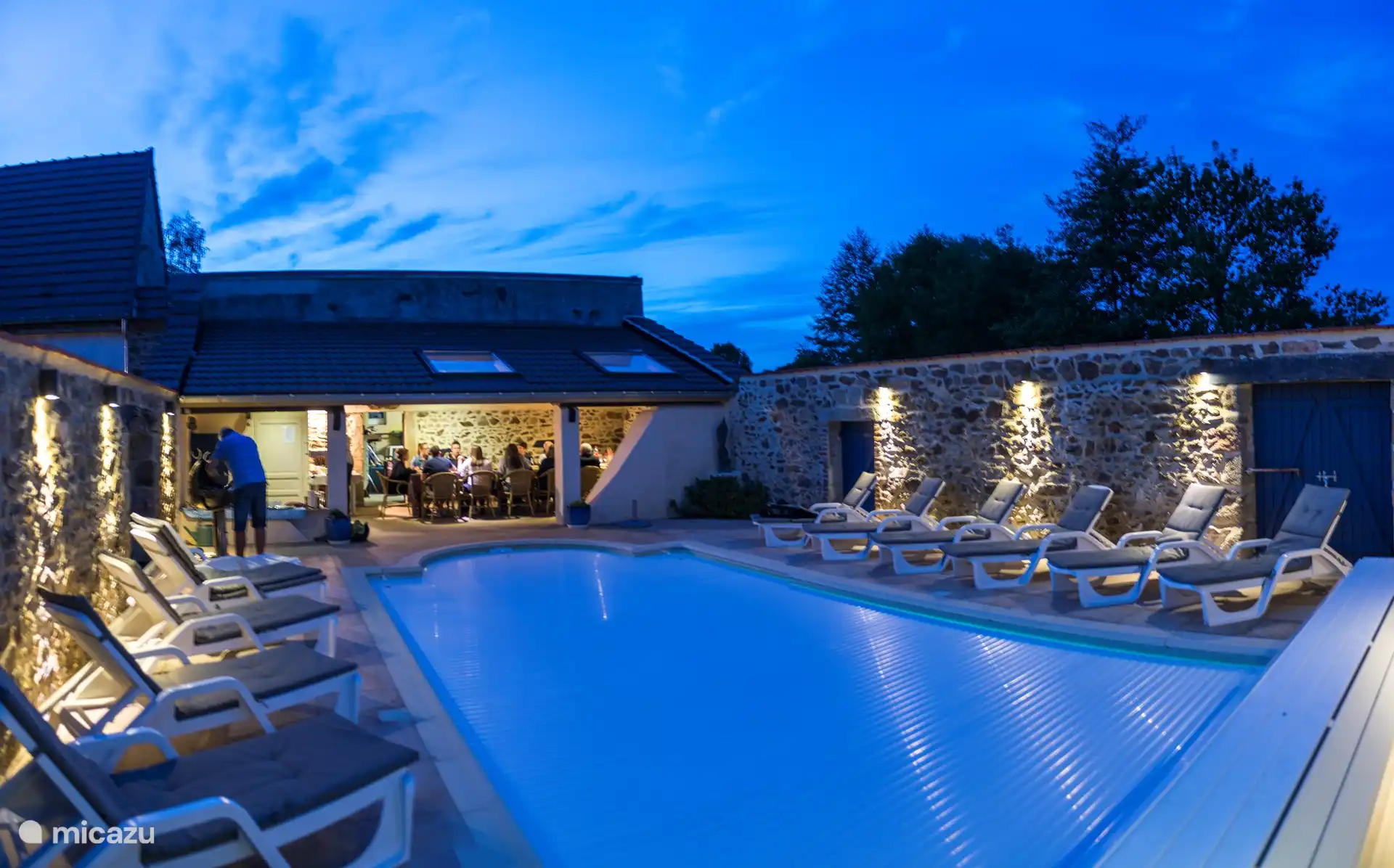 Piscine de nuit avec terrasse couverte et barbecue