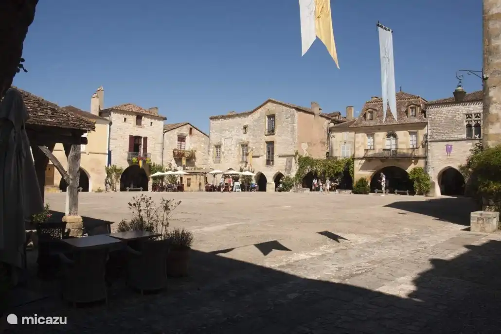 The large square in the bastide of Monpazier, one of the 100 most beautiful municipalities in France