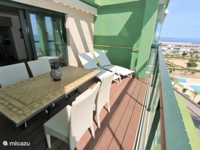 Appartement met zeezicht  huren in Spanje, Costa Blanca, Torre de la Horadada - appartement Balkon met ligstoelen en eettafel