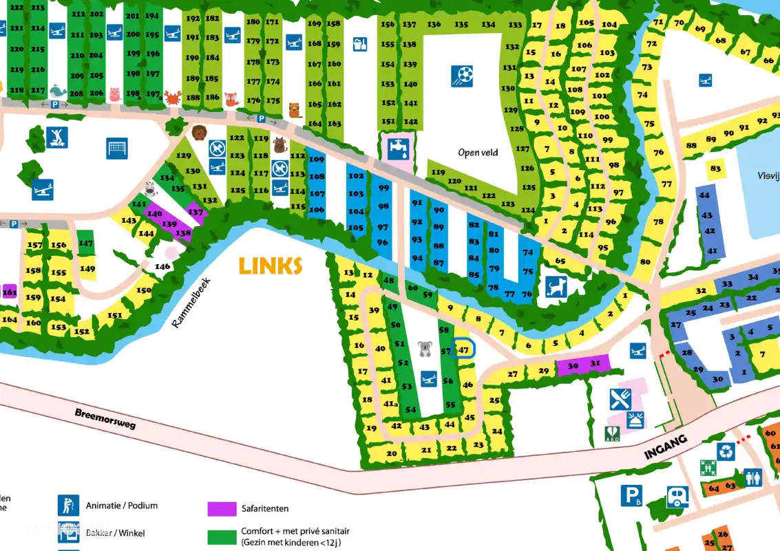 Karte des Campingplatzes, führt zum Stellplatz 47 (blau eingekreist)