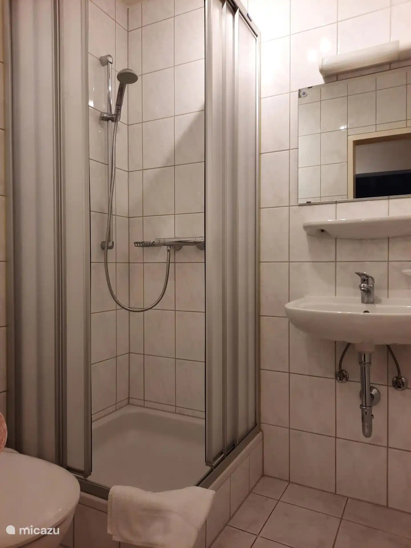 Baño ordenado con inodoro, ducha, lavabo y espejo
