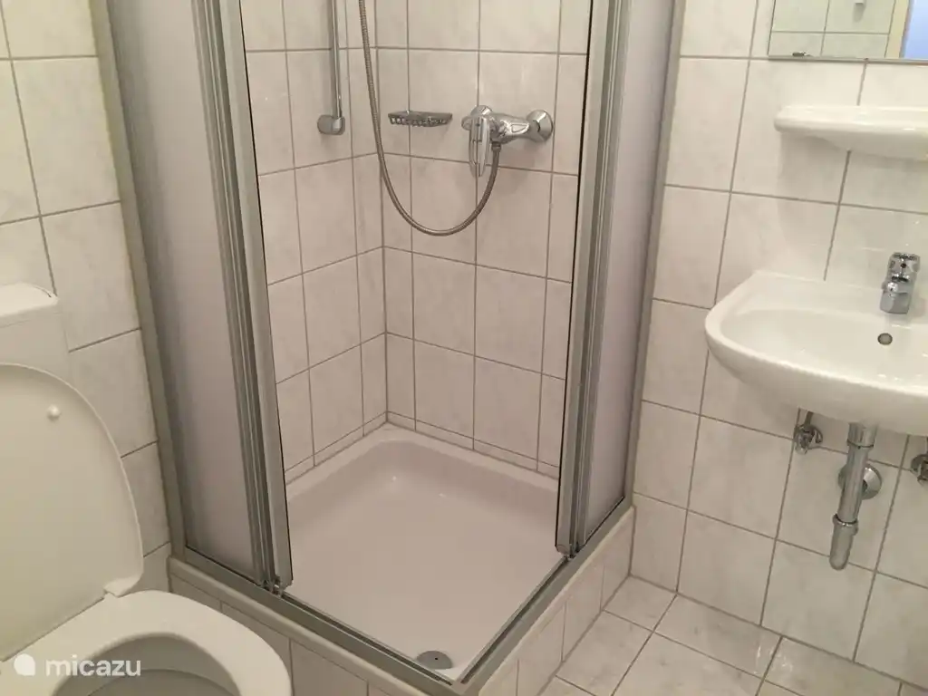 Modern toilet, douche, wastafel en spiegel