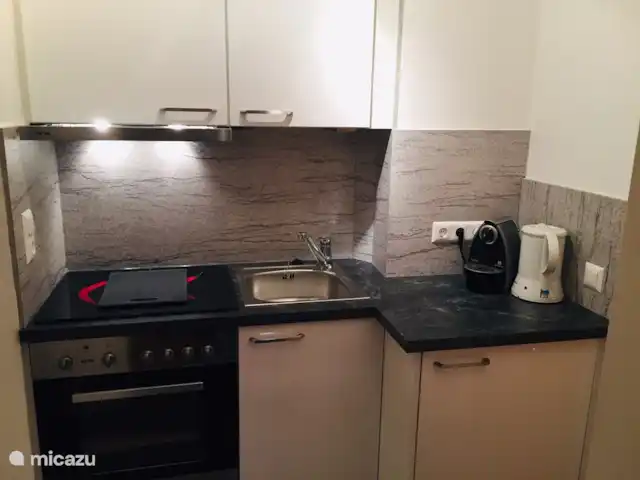 Sonnenalp Markbachjoch XL en Austria, Tirol, Niederau - apartamento Cocina moderna nueva (2018) con vitrocerámica de 4 fuegos, campana extractora, horno y suficiente espacio de alacena.