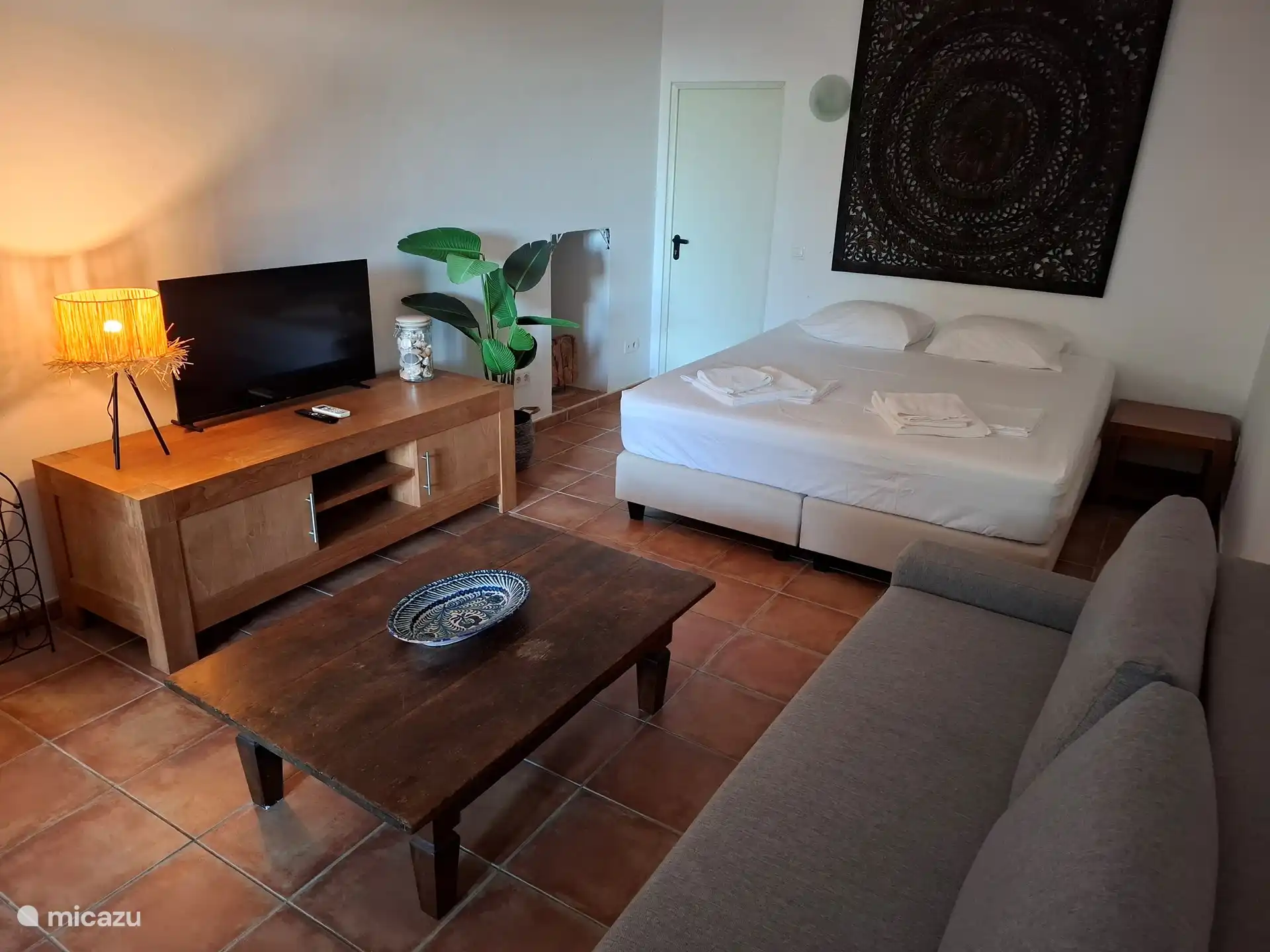 Woon- en slaapgedeelte met extra groot tweepersoonsbed en slaapbank