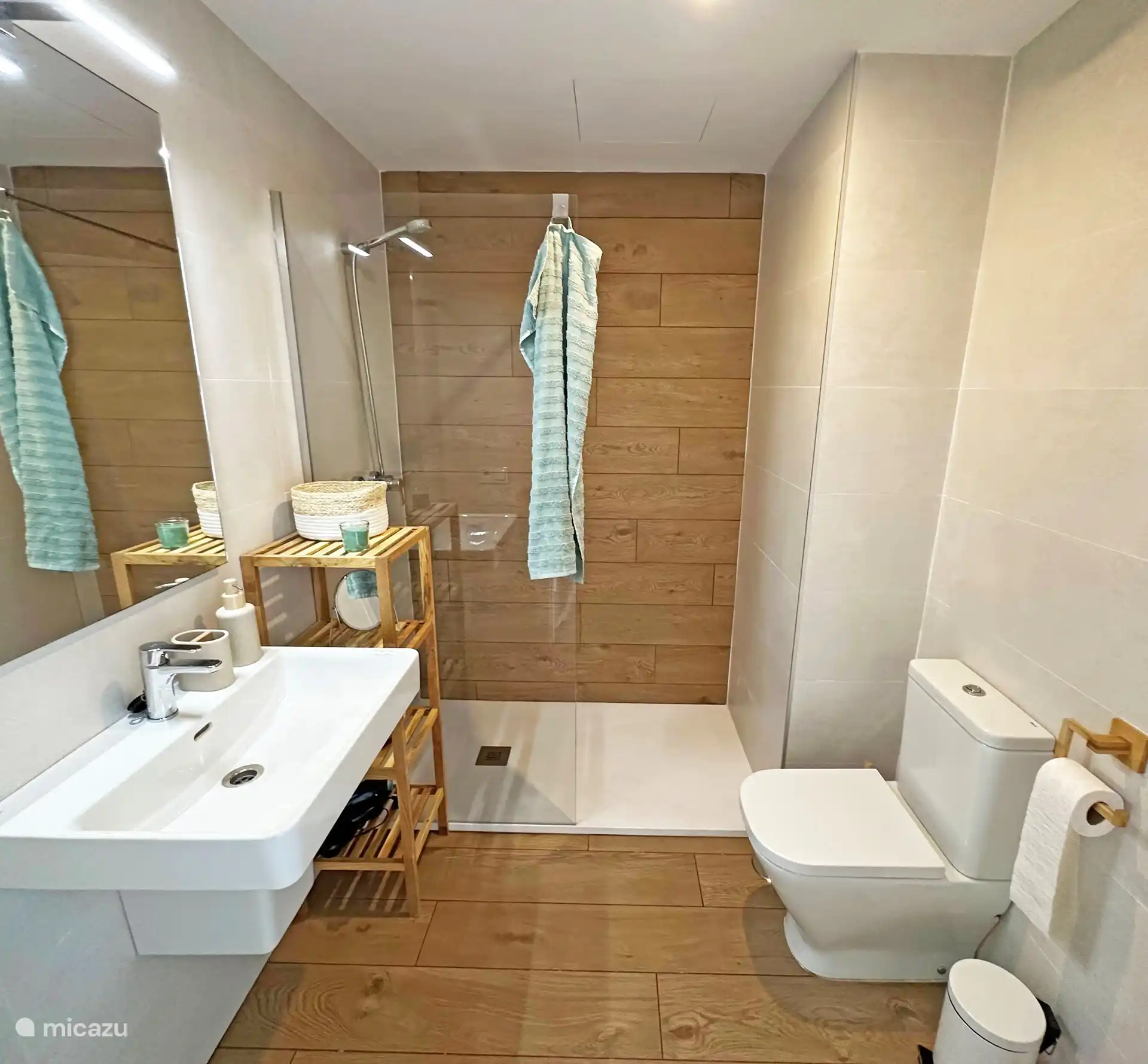 Badkamer behorend bij hoofdslaapkamer. Voorzien van douche, wastafel & toilet