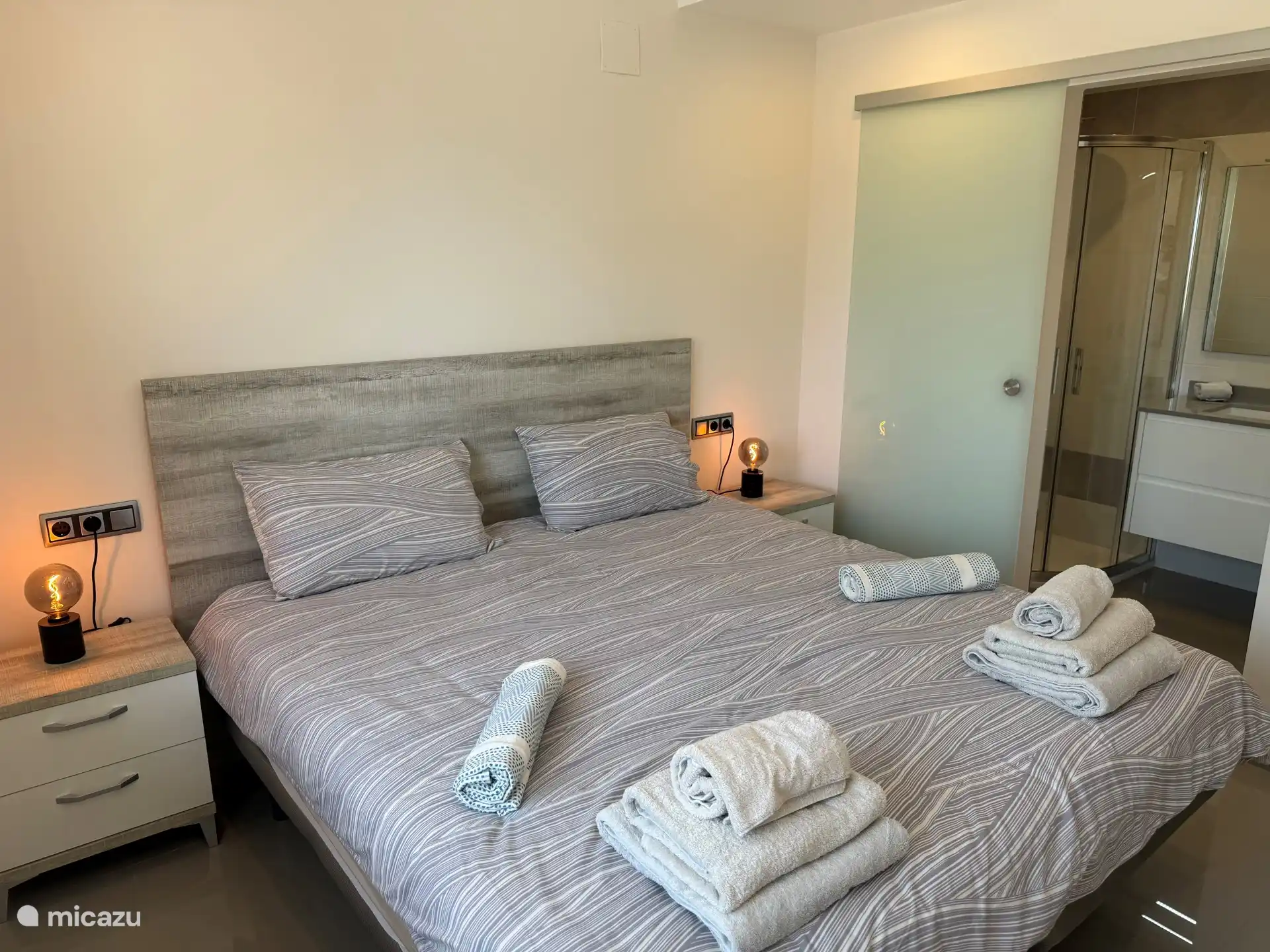 the master bedroom with adjoining bathroom with shower and toilet