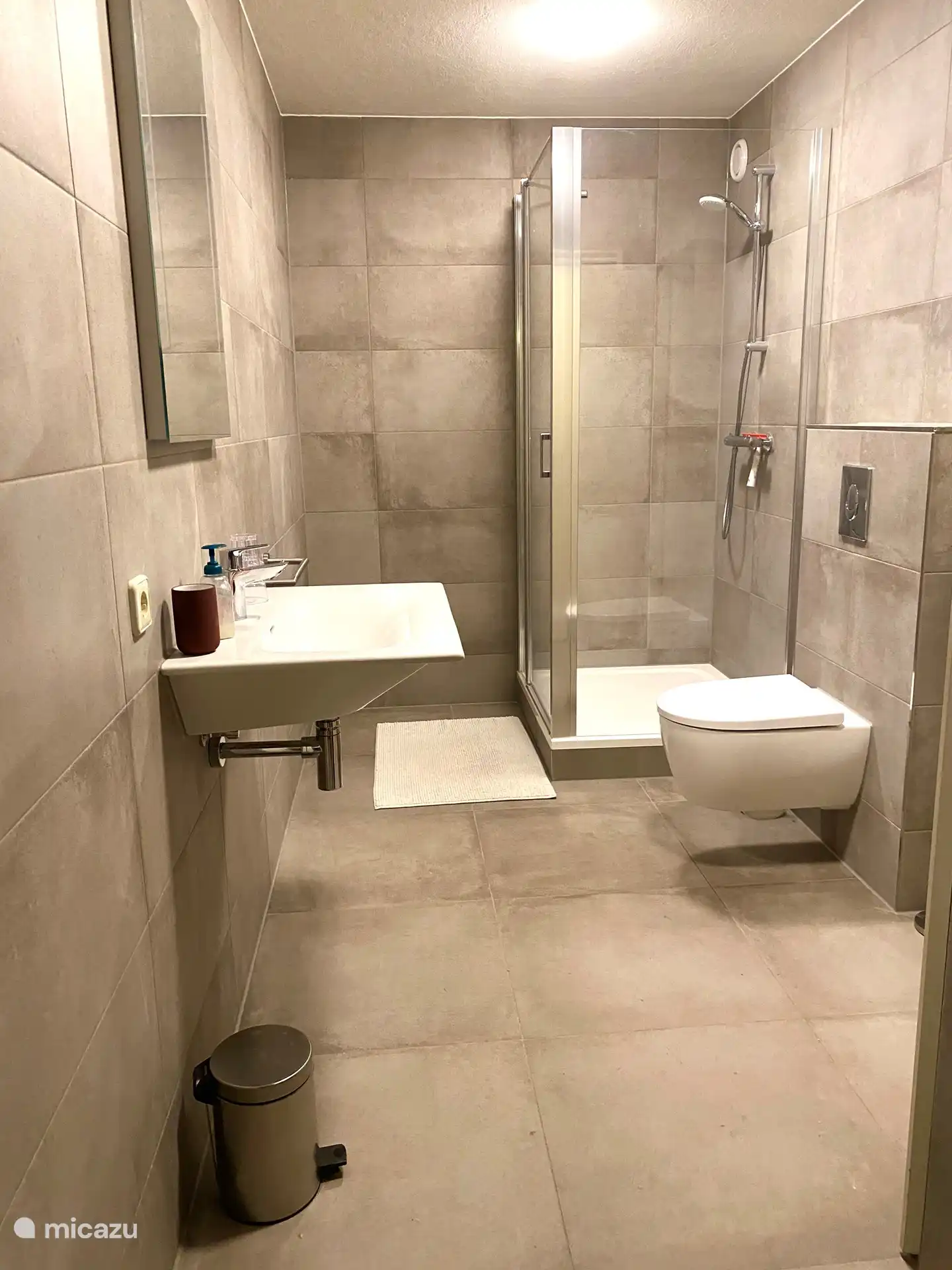 The bathroom is complete with the shower, sink with large mirror and the toilet.