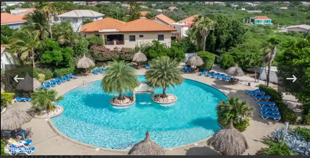 La hermosa piscina grande, con tumbonas en un hermoso jardín comunitario contiguo
