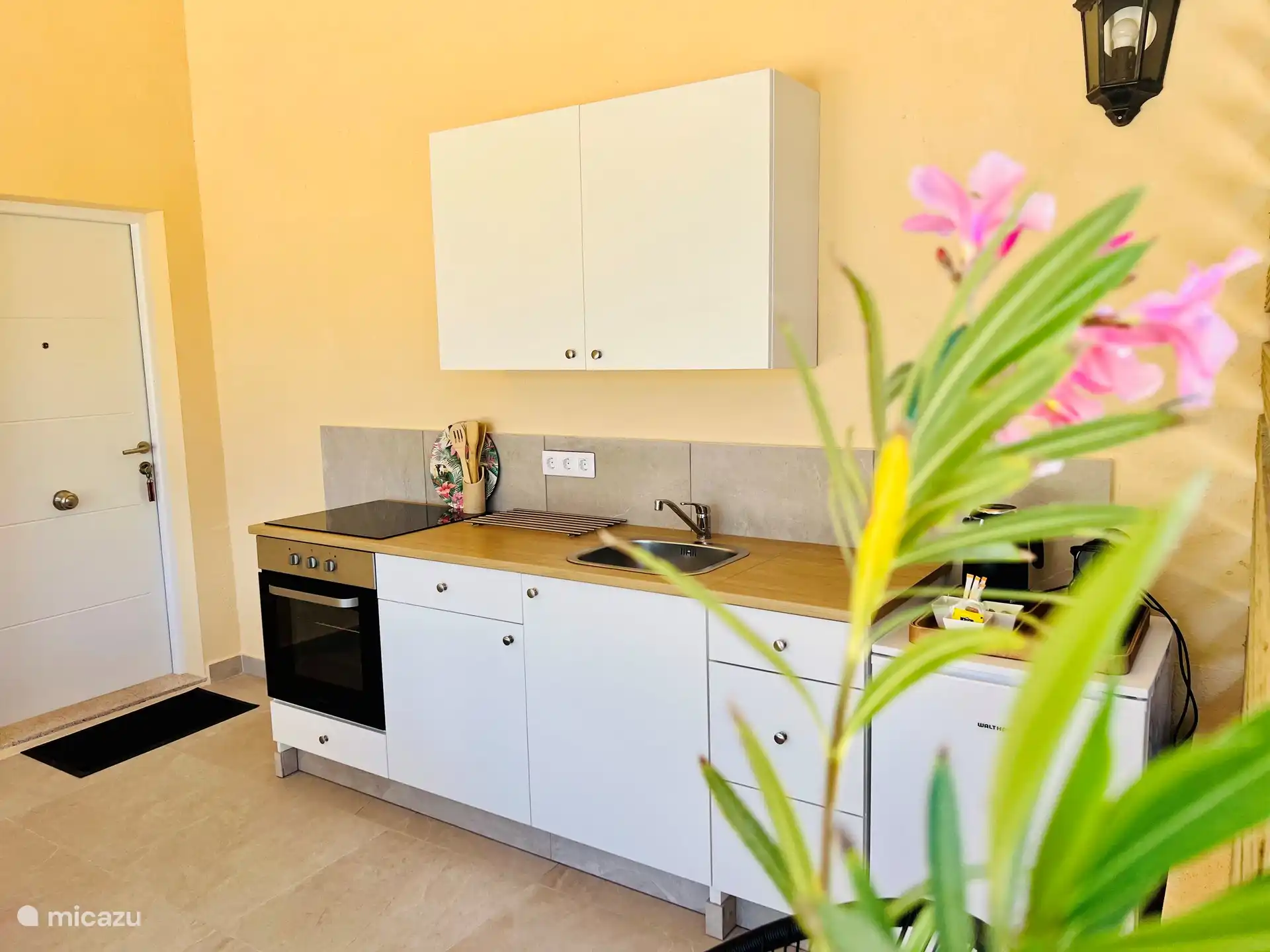 Su cocina privada al aire libre con placa de inducción y horno.
