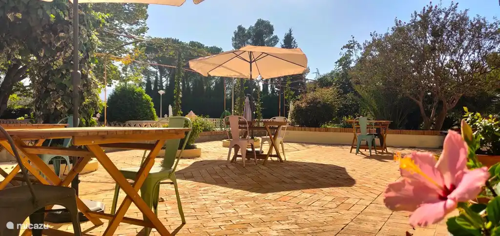 Nuestra soleada terraza comunitaria frente a la casa principal. 