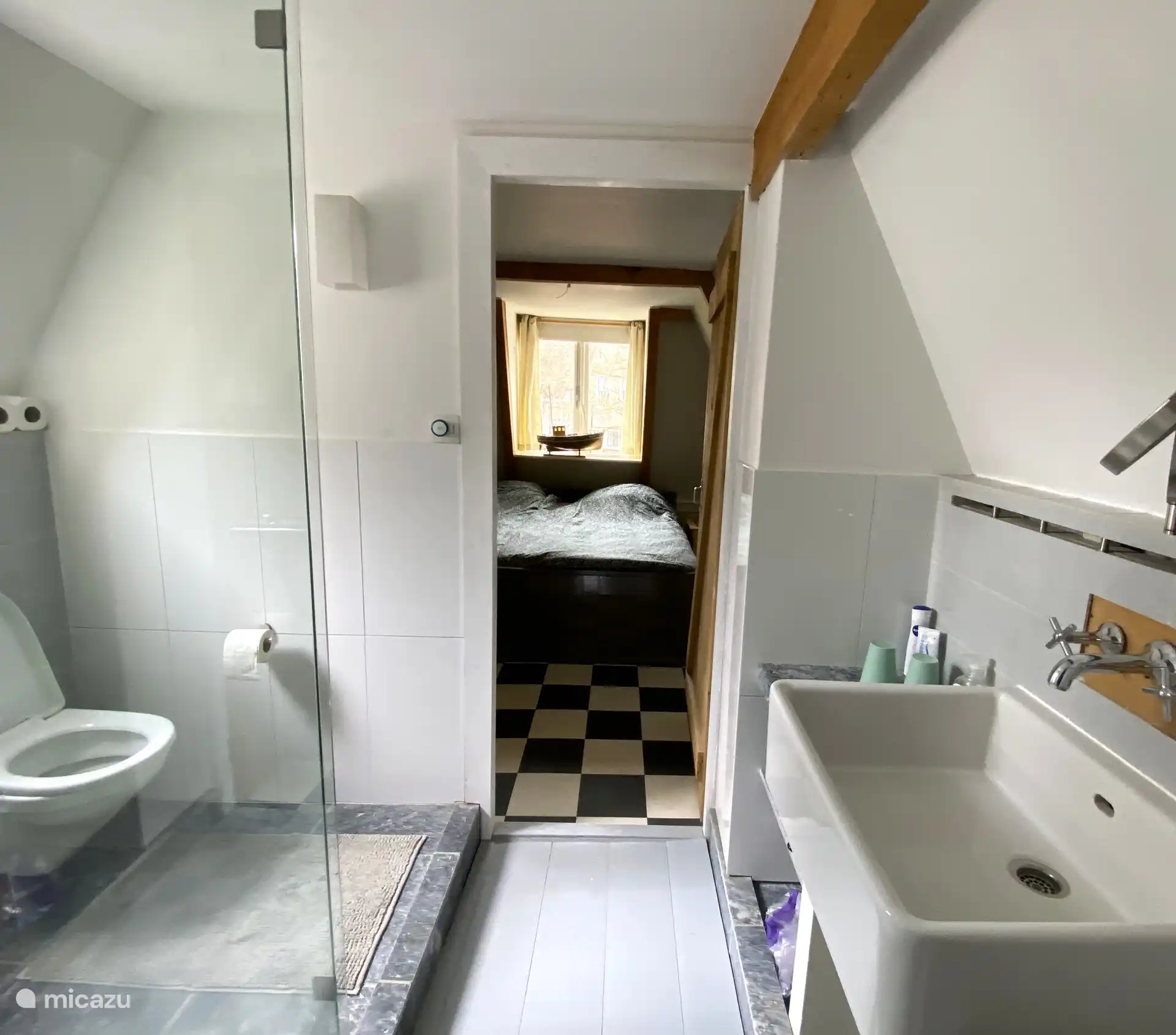La salle de bain avec douche avec paroi vitrée et toilettes. Celui-ci est situé entre les 2 chambres et le palier.