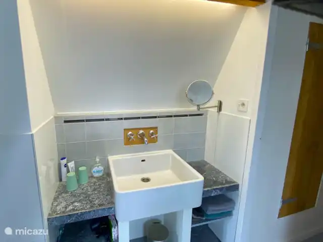 stadswoning huren in Nederland, Friesland, Franeker – Franeker Hûske de badkamer met wasbak, spiegel en föhn