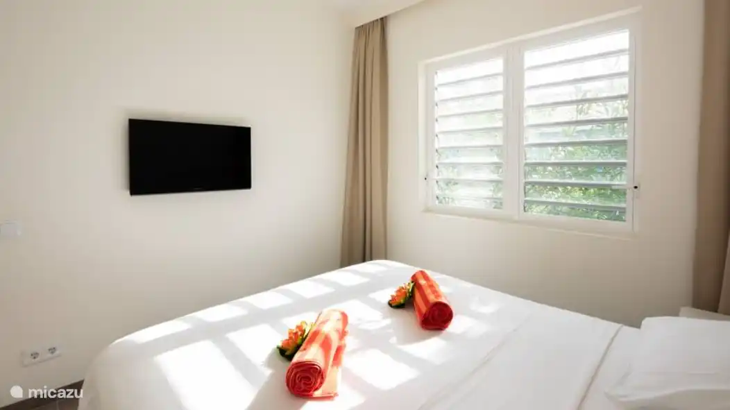 Chambre avec lit double, TV et armoire