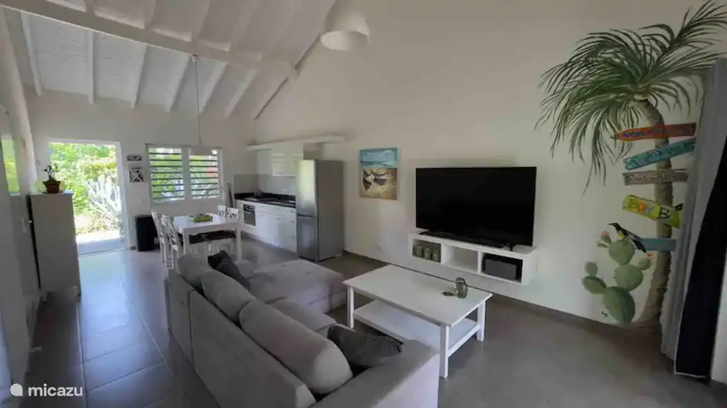 Salon spacieux avec cuisine ouverte et salle à manger