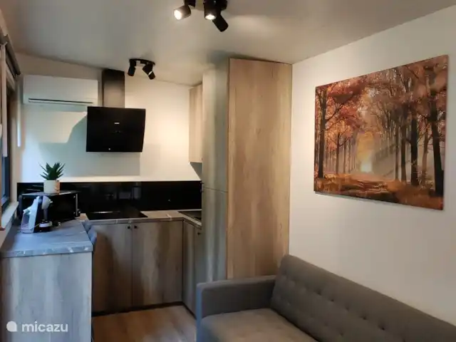 Zen huisje huren in België, Antwerpen, Turnhout - tiny house Een ruime en praktische keuken voor een tiny house met een ruime koelkast en klein vriesvak, microgolfoven, lavabo, dampkap en koopplaat voor inductie met 4 pitten. in de kasten vind je allerlei keukengerei, borden, etc... De airco wordt zowel voor het koelen als opwarmen van de TH gebruikt.