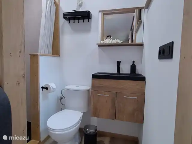 Zen huisje huren in België, Antwerpen, Turnhout - tiny house Toilet en lavabo in de ruime badkamer zijn uiteraard ook beschikbaar.