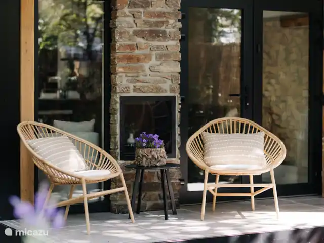 Vol Veluwe | Pays-Bas, Gueldre, Stroe - tiny house Patio avec cheminée transparente devant le logement