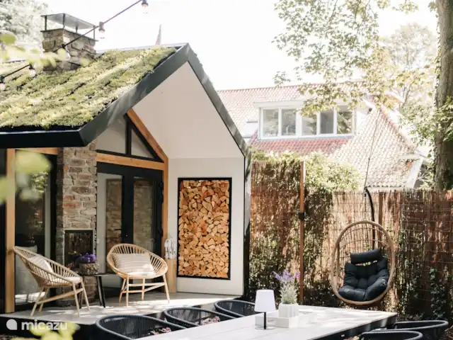 Vol Veluwe | Pays-Bas, Gueldre, Stroe - tiny house Patio, chaise suspendue, table d’extérieur, cheminée transparente