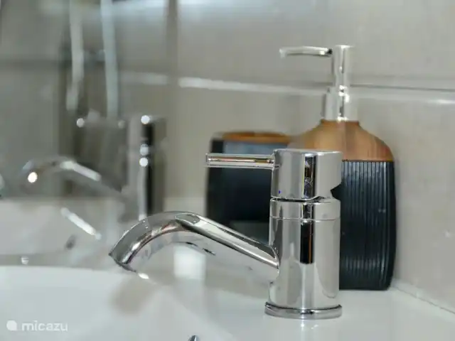 villa huren in Curaçao, Banda Ariba (oost), Marie Pampoen – Indigo House De ruime en moderne master badkamer is voorzien van een extra spiegeltje, fohn, ehbo doos en douche met warm water.