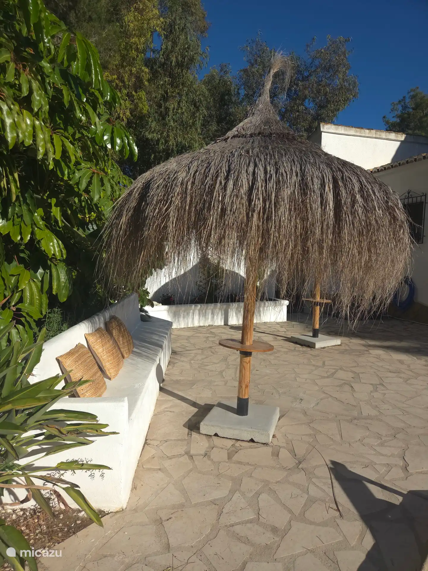Long white benches where you can sit among the greenery
