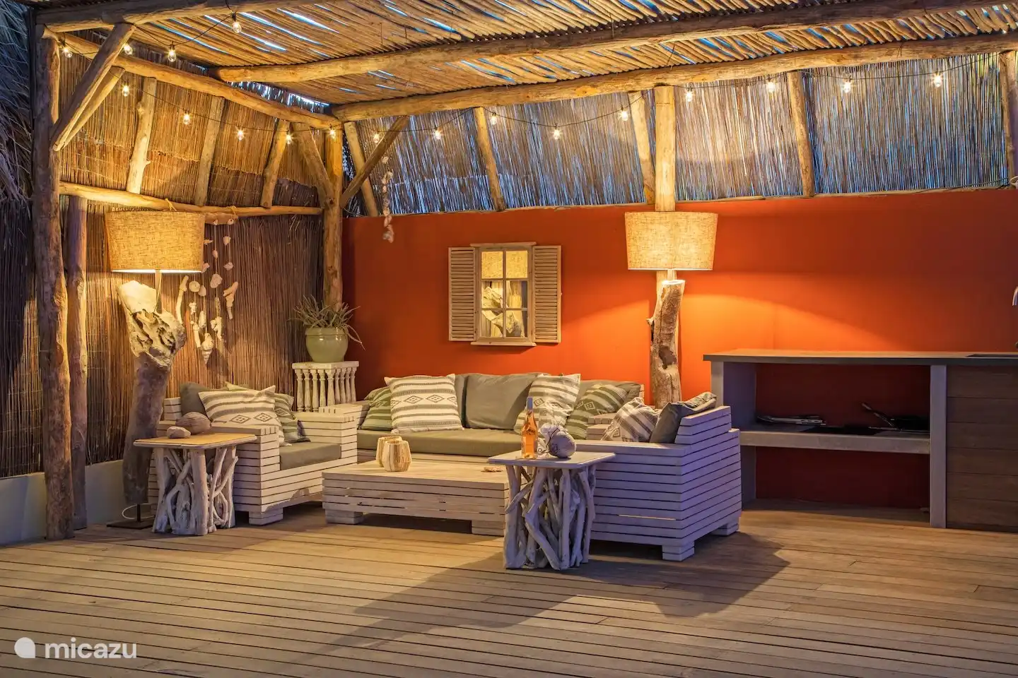 Seating area in the garden by the pool