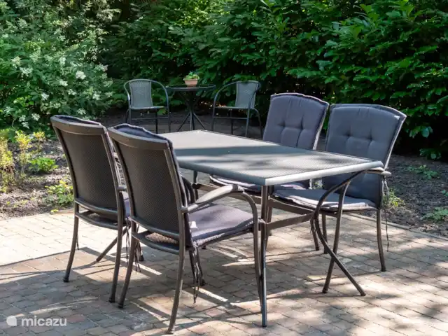 Bungalow forestier Jelka | Pays-Bas, Overijssel, Rheezerveen - bungalow L’arrière du bungalow, avec une grande terrasse, sous le chêne. Salon de jardin 4 personnes avec coussins.