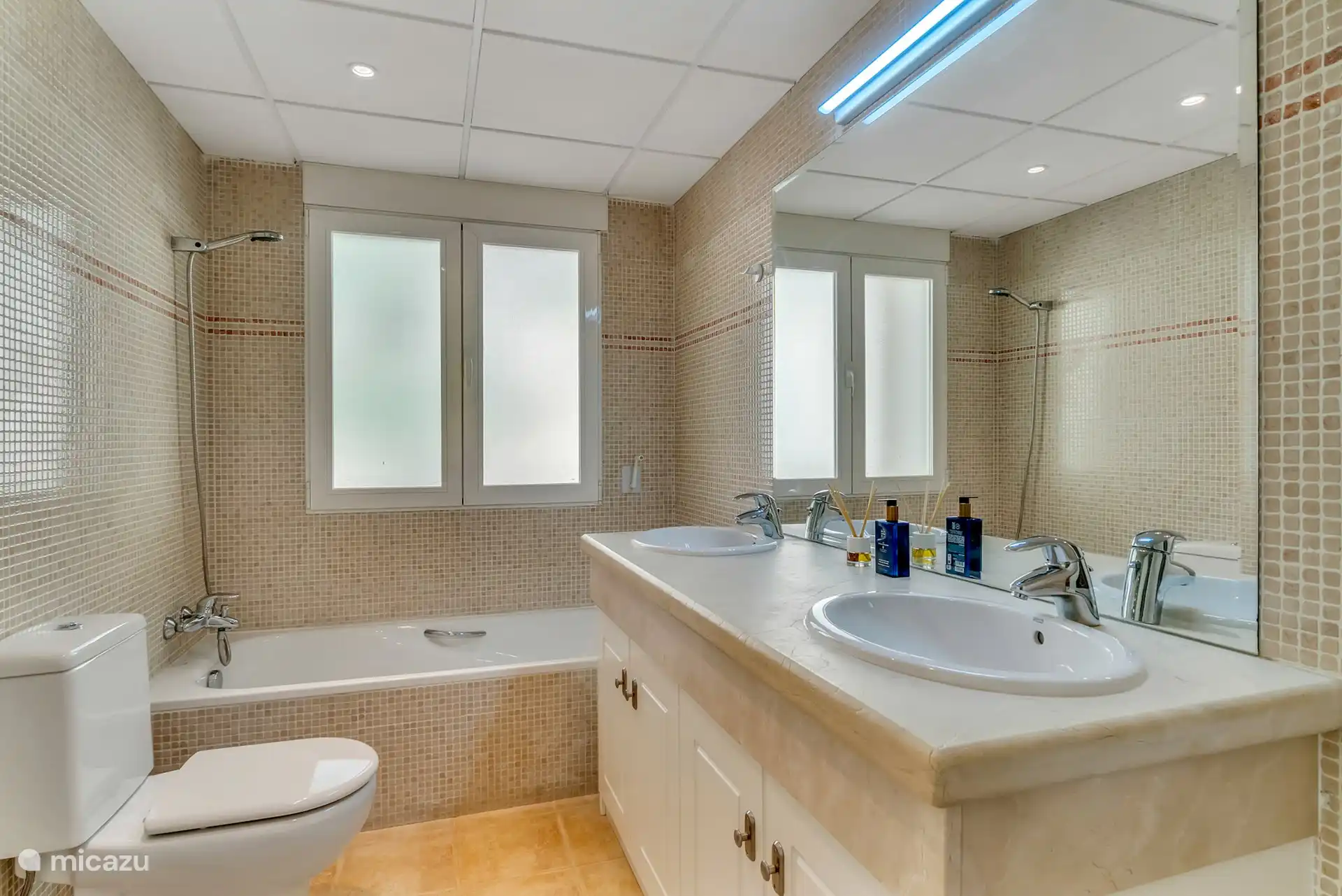 Salle de bain 1 avec baignoire, douche, double vasque, WC et bidet.