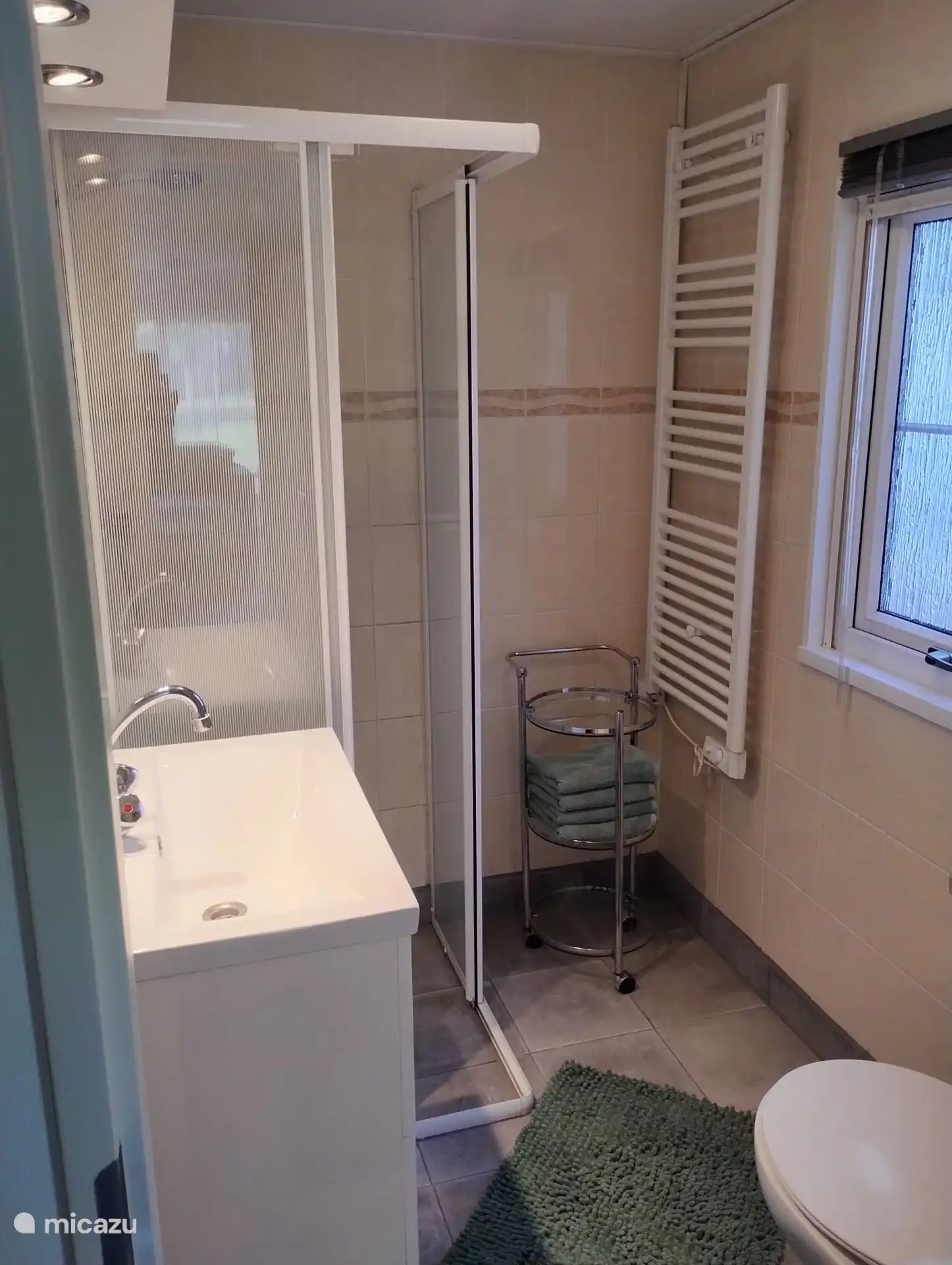 Badezimmer mit Dusche, WC und Waschbecken