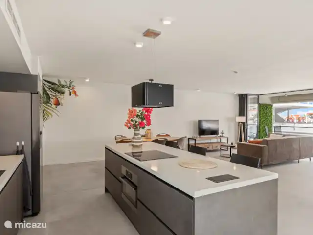 Le quai 5D, près de Handelskade, Punda | Curaçao, Curaçao-Centre, Willemstad - appartement Cuisine ouverte avec réfrigérateur/congélateur, plaque à induction, four et lave-vaisselle.