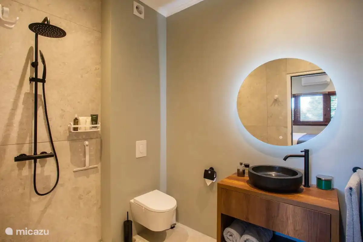 Large bathroom with rain shower.