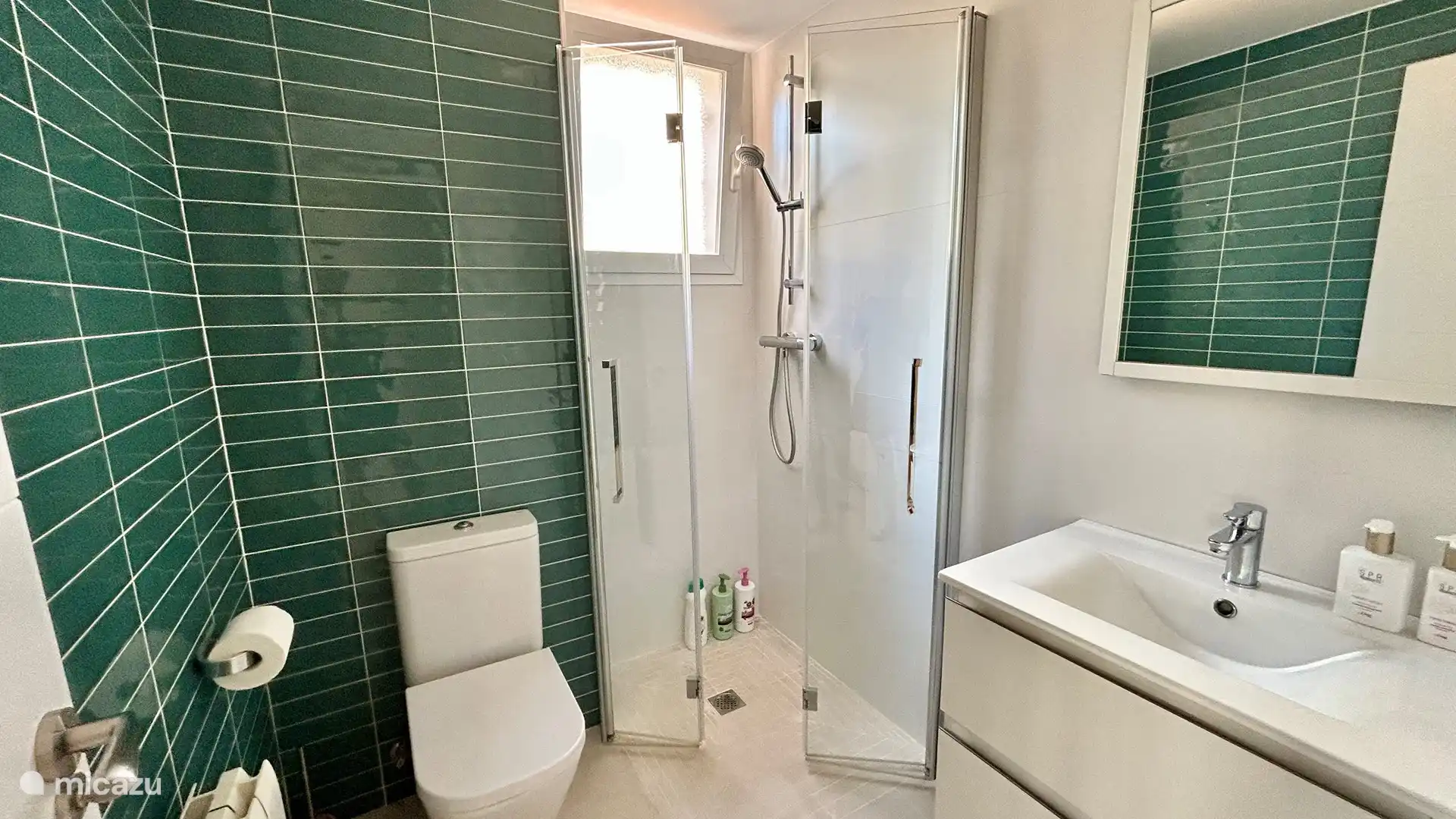 Salle de bain avec douche à l’italienne et articles de toilette 
