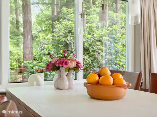 'Het Tegenlicht' un lieu unique | Pays-Bas, Drenthe, Norg - maison de vacances À la table à manger, vous avez de grandes fenêtres des deux côtés de la maison, de sorte que vous avez presque l’impression d’être à l’extérieur.