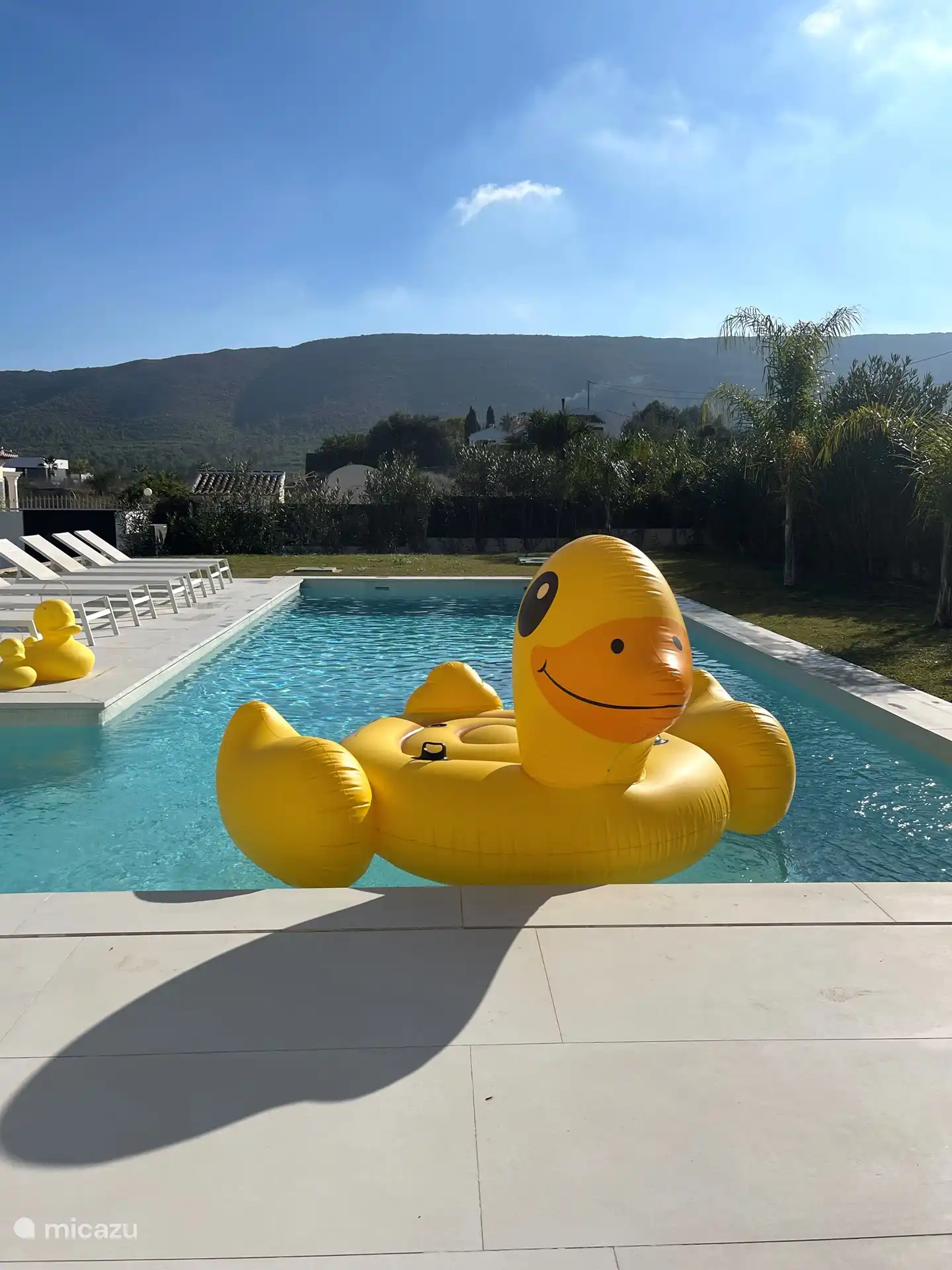 Entièrement clos, grand jardin avec piscine, chaises longues, grande table à manger, place de parking pour 2 voitures, table de ping-pong et hamac. 
